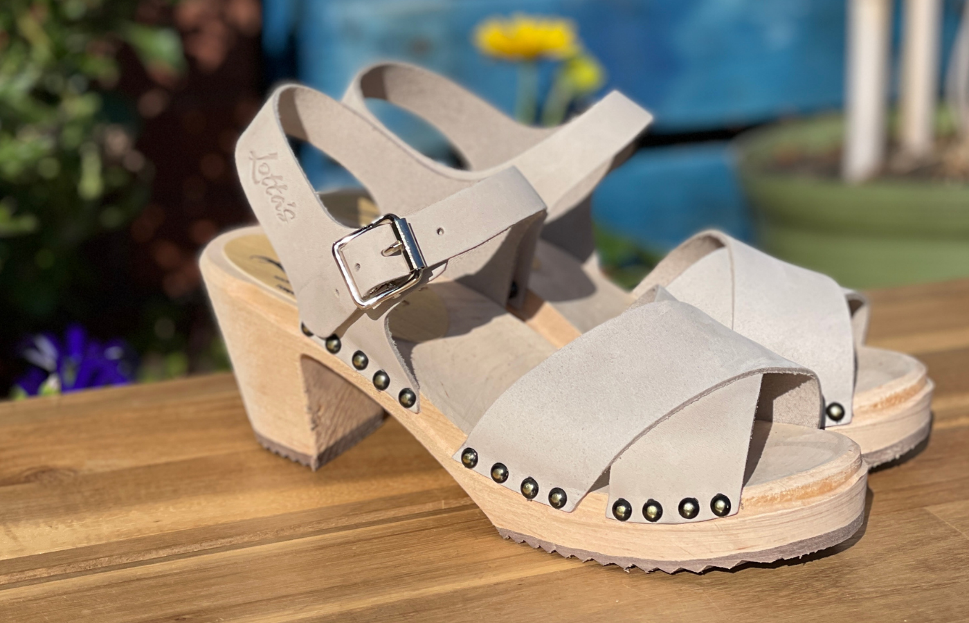 High heeled clogs for Spring 2022, Oatmeal crossover with studs