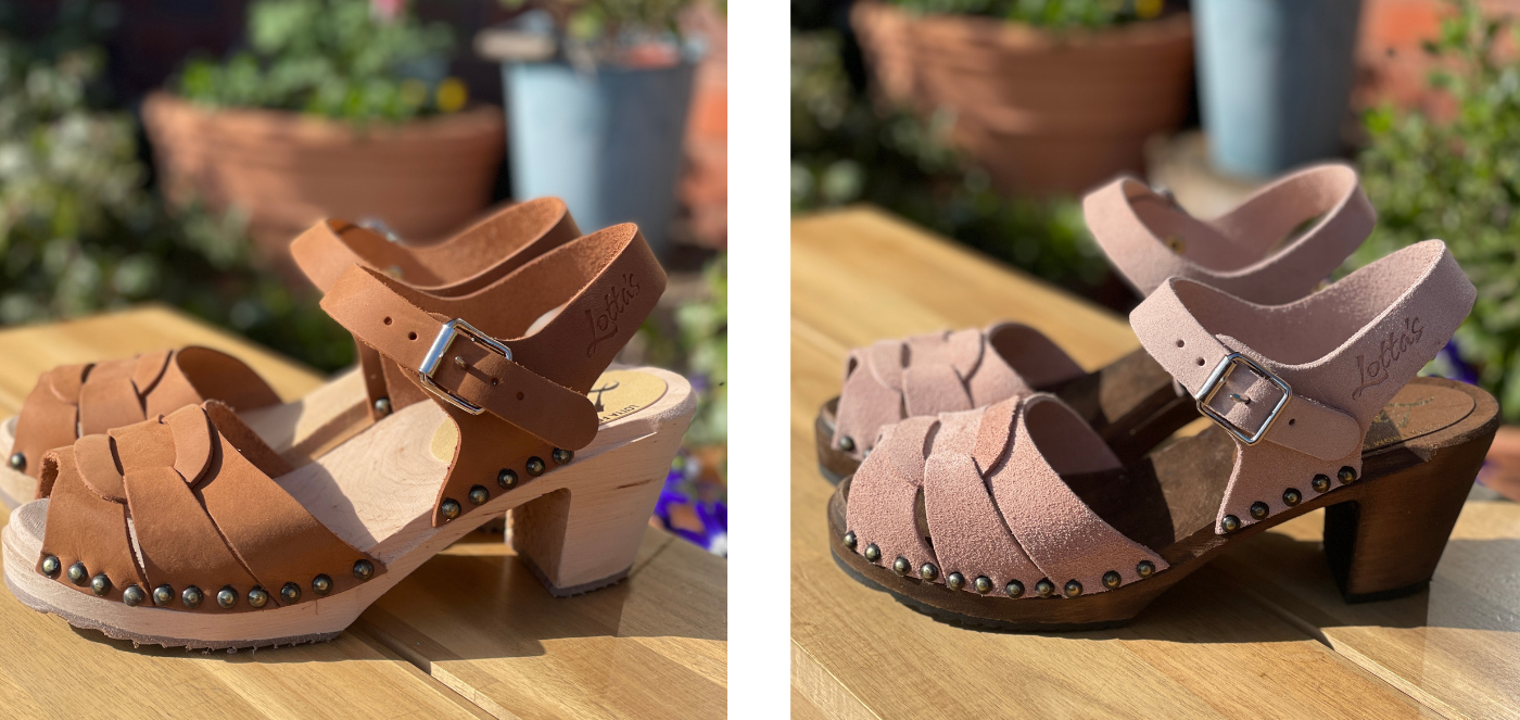 peep toe clogs with studs, dusty pink suede and brown oiled