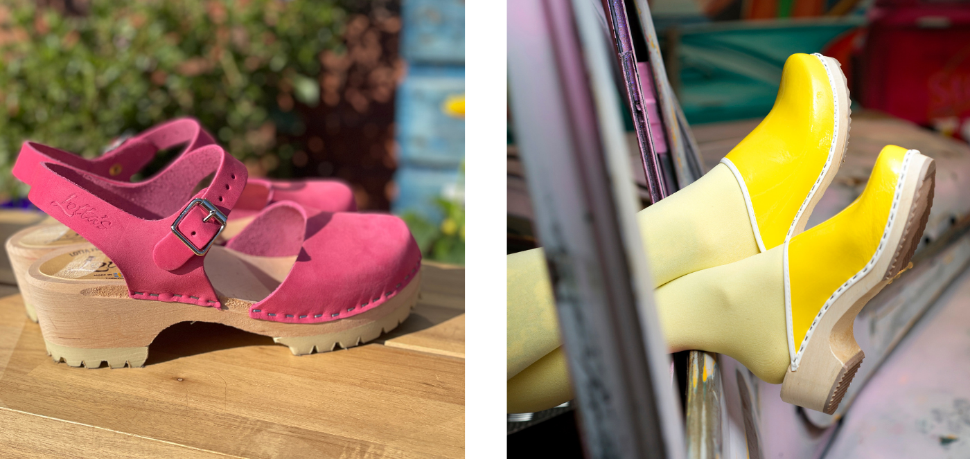 Pink clogs and yellow patent clogs