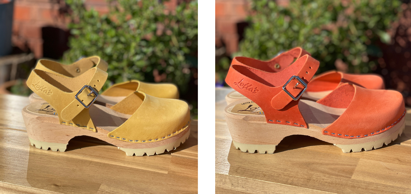 Clogs for spring, yellow and orange low wood tractor