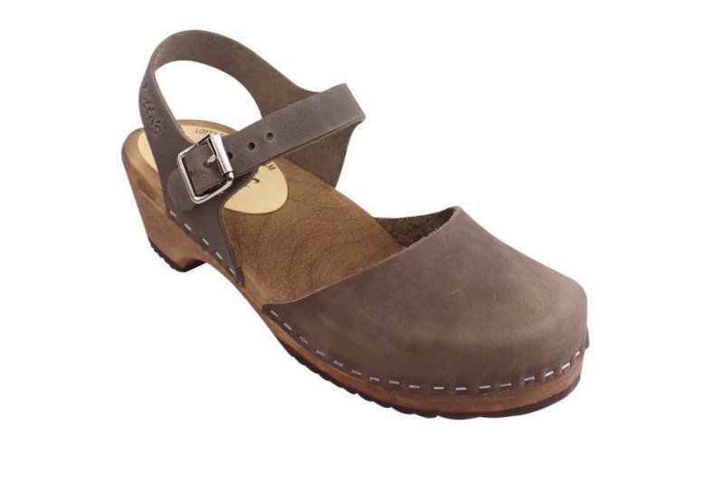 Lotta From Stockholm Swedish Low Wood T-bar Clogs in Taupe Oiled Nubuck with Brown Sole