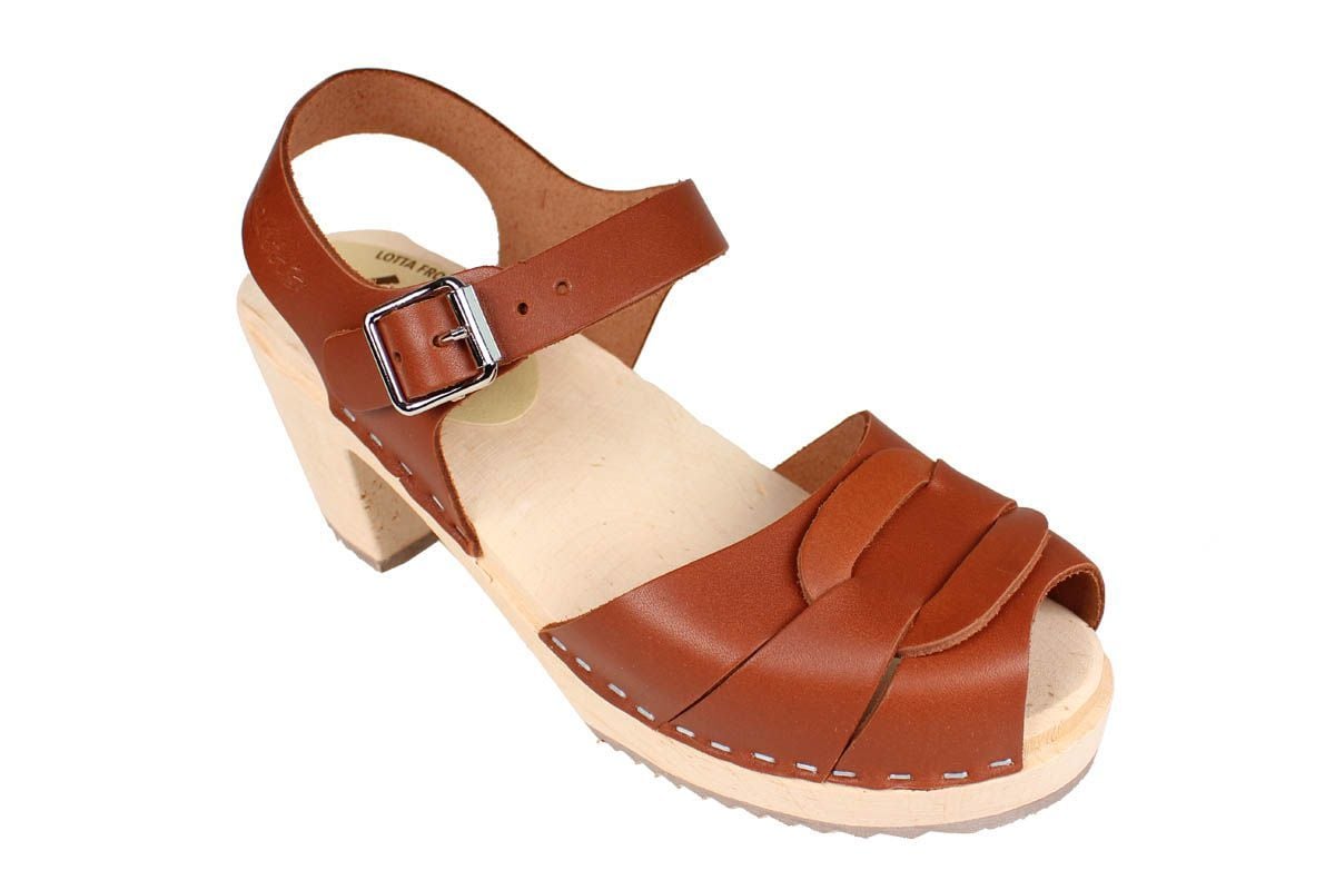 Lotta From Stockholm Womens High Heel Peep Toe Wooden Clogs in Tan Leather