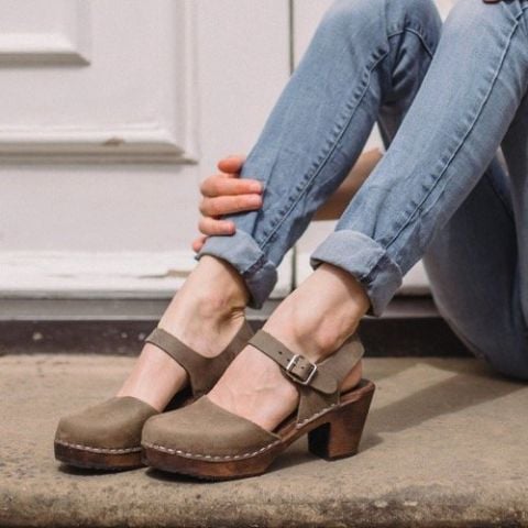 Highwood Clogs in Taupe Oiled Nubuck on Brown wooden clogs Base