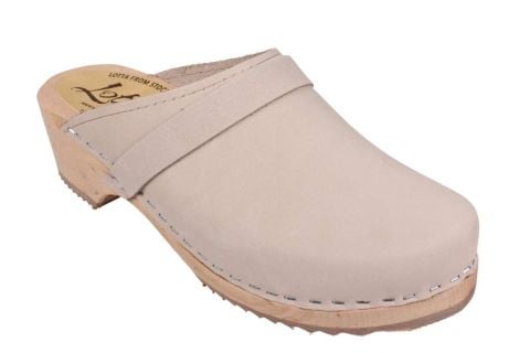 Women's clogs shoes in oatmeal oiled nubuck leather on wooden clogs base