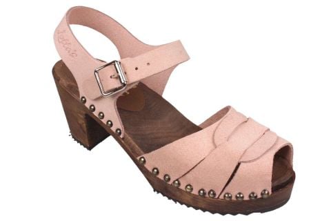 Peep Toe Pink Suede Clogs with studs on brown wooden clogs base