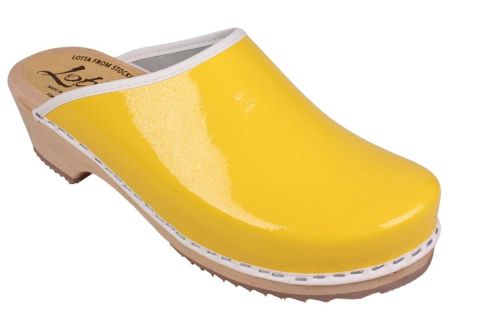 Patent Yellow Clogs with a white trim and natural base by Lotta from Stockholm
