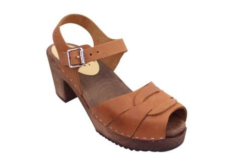 brown clogs in peep toe oiled nubuck with a high heel on a brown wooden clogs base with ankle strap and buckle by Lotta from Stockholm