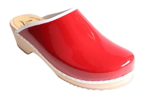 Patent Red women's Clogs with a white trim and natural wooden base by Lotta from Stockholm