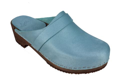 Elsa Classic Clogs in Blue Stain Resistant Nubuck on Brown Base