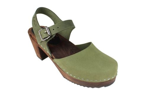 Highwood Green Clogs in Oiled Nubuck on Brown wooden clogs Base