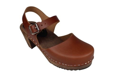 Highwood Leather Clogs in Cinnamon on Brown wooden clogs Base