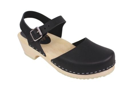 Black Leather Clogs Low Wood