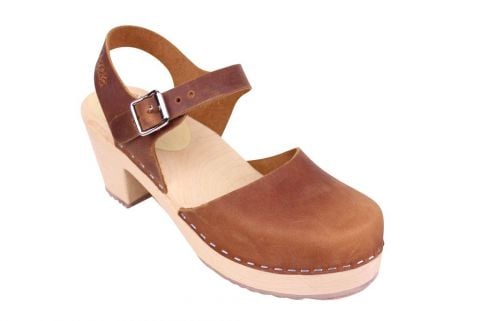 Brown clogs in oiled nubuck on a natural wooden clogs base with rubber sole by Lotta from Stockholm