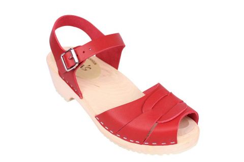 Red Clogs, Low Peep Toe on a wooden clogs base