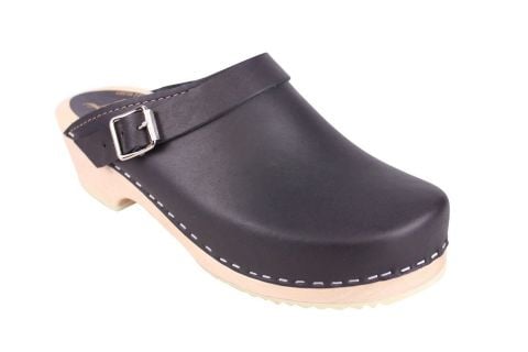 Classic Black Leather Clogs with Strap