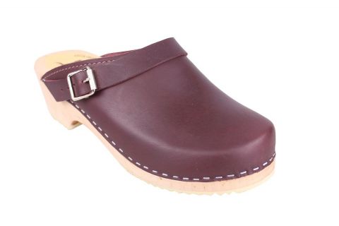 Classic Aubergine Leather Clogs with Strap