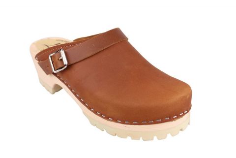 Classic Brown oiled nubuck clogs with strap and tractor sole