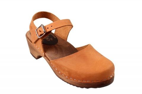 Brown Clogs in Low Wood Oiled Nubuck on brown wooden clogs base