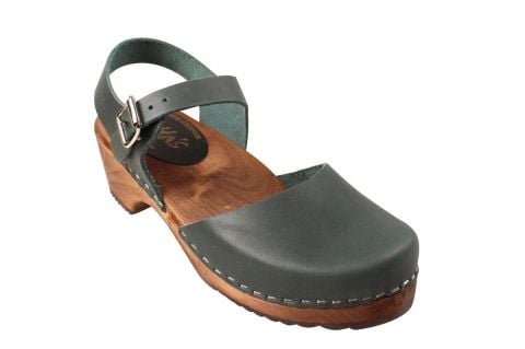 Low Wood in Dark Green clogs on Brown wooden clogs Base