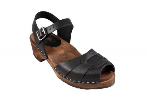 Black Clogs, Low Peep Toe on a brown wooden clogs base