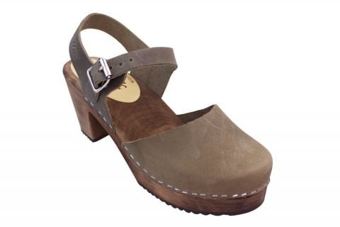 Highwood Clogs in Taupe Oiled Nubuck on Brown wooden clogs Base