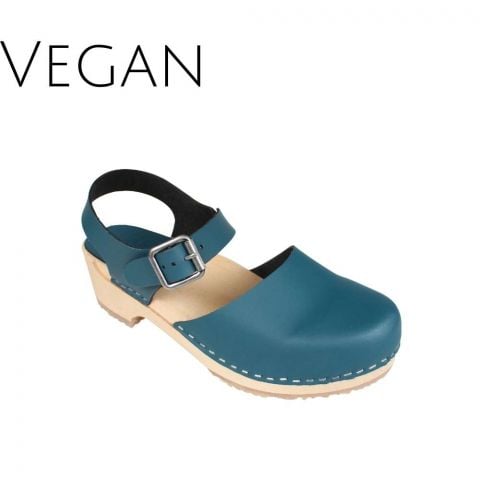 Vegan Greta Low Wood Clogs Teal Vegan Leather