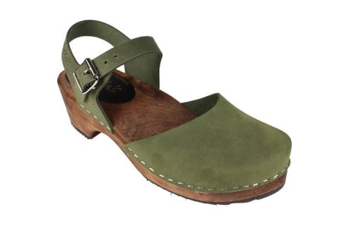 Low Wood Green Clogs Oiled Nubuck on Brown wooden clogs Base