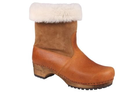Maje Clog Boot with Fur in Cognac Oiled Leather and wooden clogs base by Lotta from Stockholm