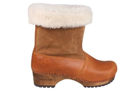 Maje Clog Boot with Fur in Cognac Oiled Leather and wooden clogs base by Lotta from Stockholm