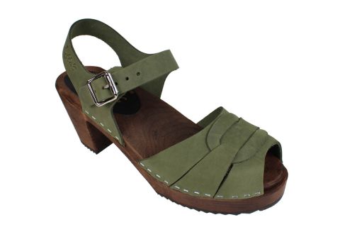 Peep Toe Clogs Green Oiled Nubuck on Brown Base Seconds