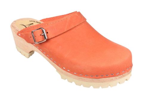 Classic Orange Oiled Nubuck Women's clogs with a wooden base and tractor sole by Lotta from Stockholm