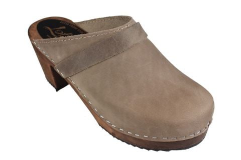 High Heel Classic Clog in Taupe Oiled Nubuck on Brown Base with Strap