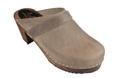 High Heel Classic Clog in Taupe Oiled Nubuck on Brown Base with Strap Seconds