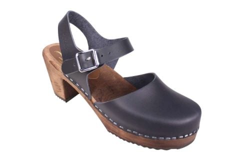 Highwood Leather Clogs in Dark Blue on Brown wooden clogs Base