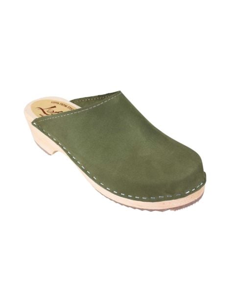 Womens clogs mules in Green oiled nubuck Leather on a natural wooden clogs base by Lotta from Stockholm