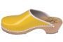 Patent Yellow women's Clogs with a white trim and natural wooden base by Lotta from Stockholm