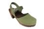 Highwood Green Clogs in Oiled Nubuck on Brown wooden clogs Base