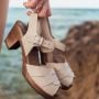 Peep Toe Oatmeal Oiled Nubuck Clogs on Brown Base