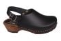 Low slingback women's clogs in black leather on a brown base by Lotta from Stockholm