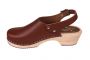 Low slingback women's clogs in cinnamon coloured leather on a natural wooden clogs base by Lotta from Stockholm