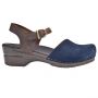 Sanita Clogs. Sanita Sanos Blue Suede clogs with soft sole and brown leather strap.