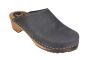 clogs shoes, wooden clogs for women, classic clogs in black oiled nubuck leather on brown clogs base by Lotta from Stockholm