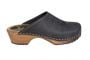 clogs shoes, wooden clogs for women, classic clogs in black oiled nubuck leather on brown clogs base by Lotta from Stockholm