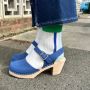 Unmade Tenna Socks worn with women's wooden clogs in Lazuli Blue