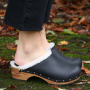 Sanita Hese Wooden Clog with shearling fur in Yak Nubuck Leather Black