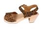 Womens High Heels open toe clogs in leopard print leather on a natural wooden clogs base by Lotta from Stockholm