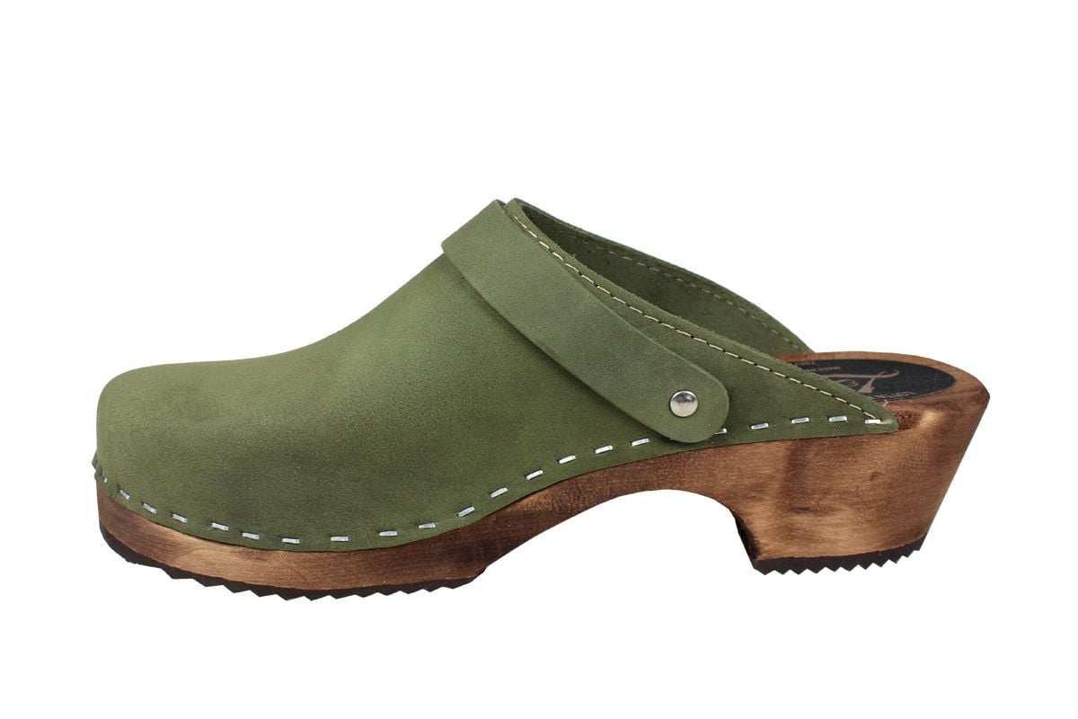 Classic Green Oiled Nubuck Clogs with Strap on Brown Base