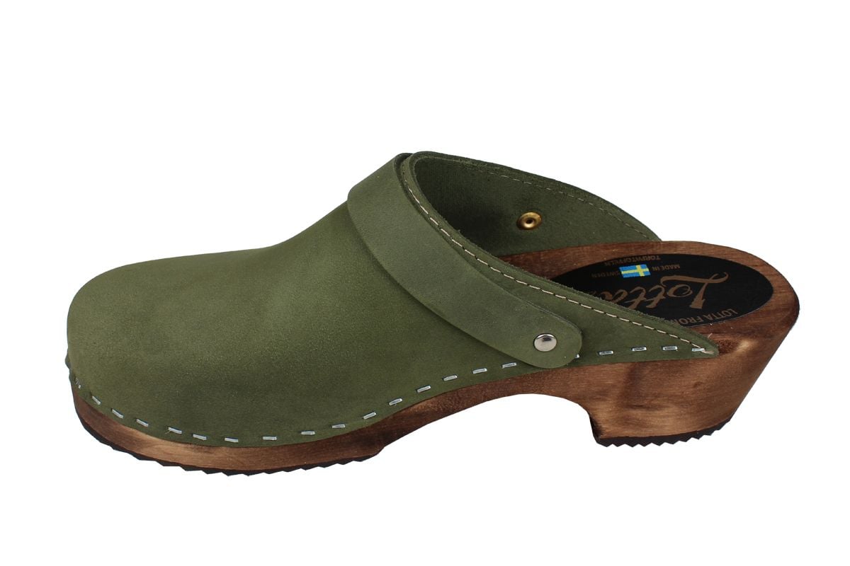 Classic Green Oiled Nubuck Clogs with Strap on Brown Base