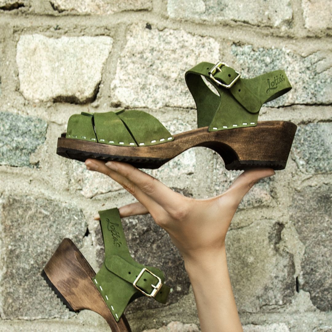 Low Peep Toe Green Oiled Nubuck on Brown Base Seconds