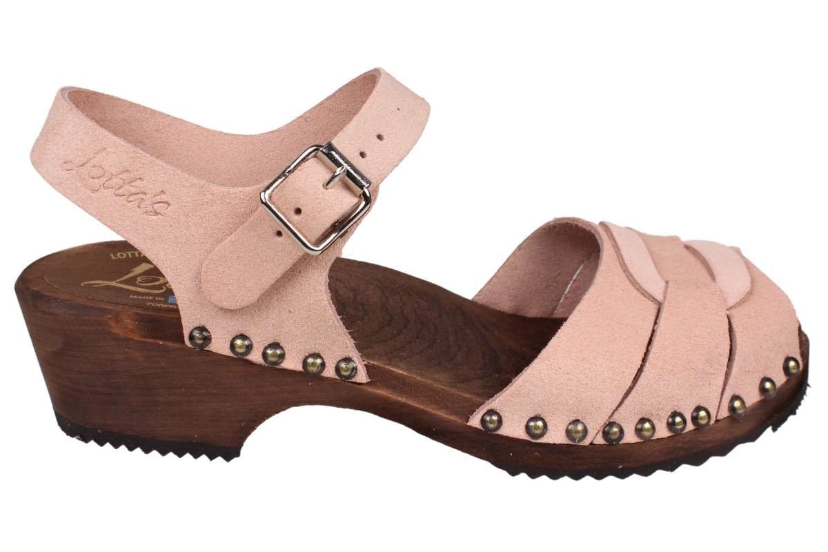 Low Peep Toe Stud Clogs Dusty Pink Suede on Brown Base Seconds